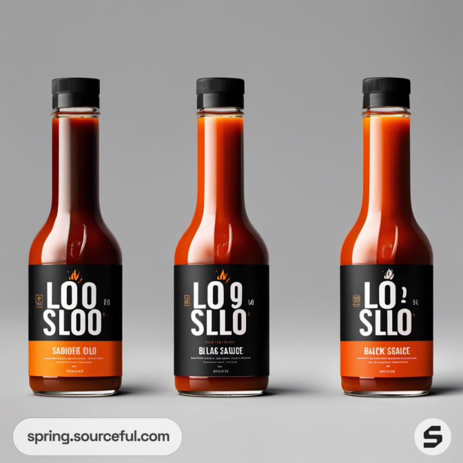 Three glass bottles of sauce with minimalist black and orange labels.