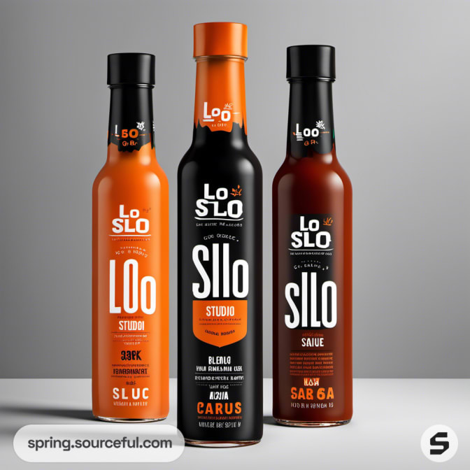 Three tall bottles with black and orange labels on a gray background.