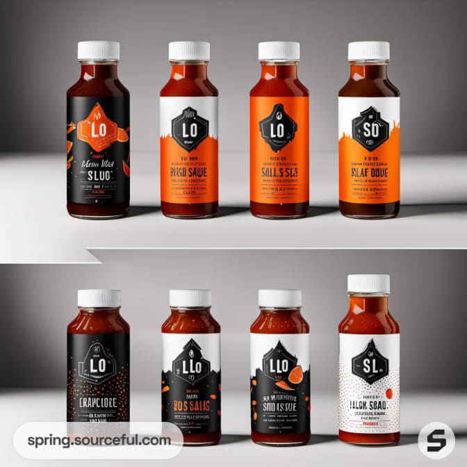 Eight bottles of sauces with varying designs and labels.