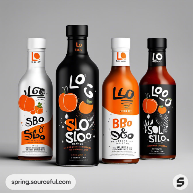 Four uniquely designed bottles with cartoon illustrations on labels.