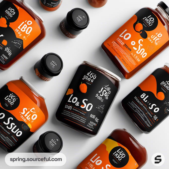 Assorted jars and bottles with orange and black labels arranged aesthetically.