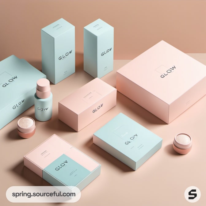 Variety of 'Glow' skincare boxes in pink and blue.