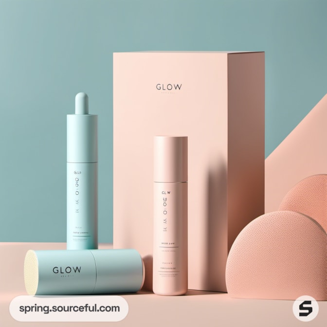 Skincare bottles and sponge on pastel background.