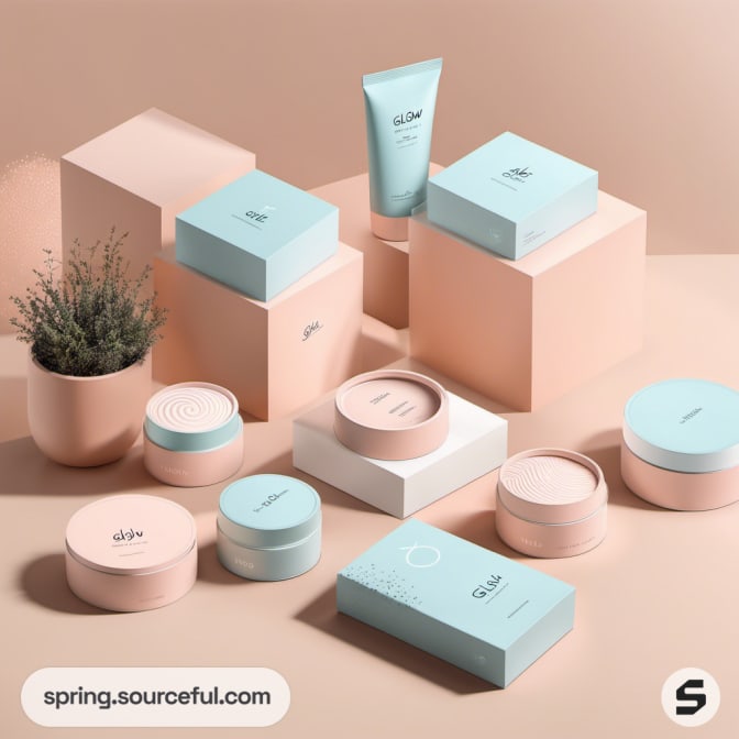 Assorted skincare items with plants in pink and blue packaging.
