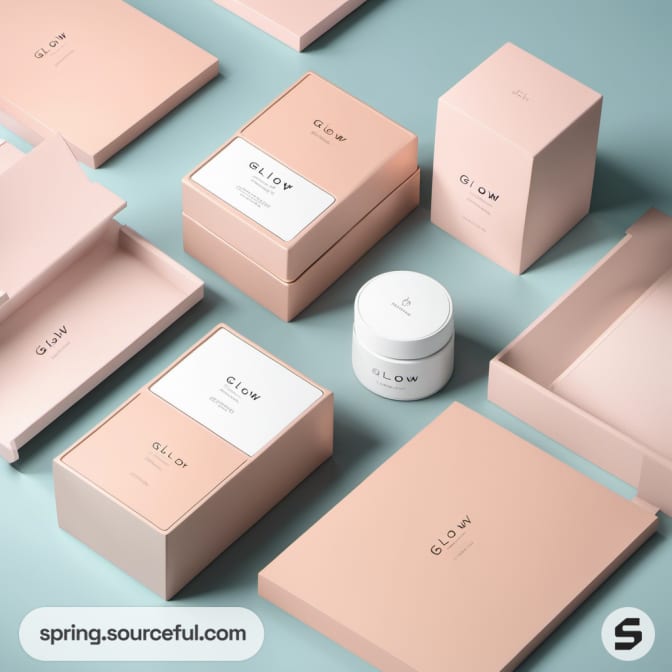 Various 'Glow' skincare boxes and jars in pink and white.