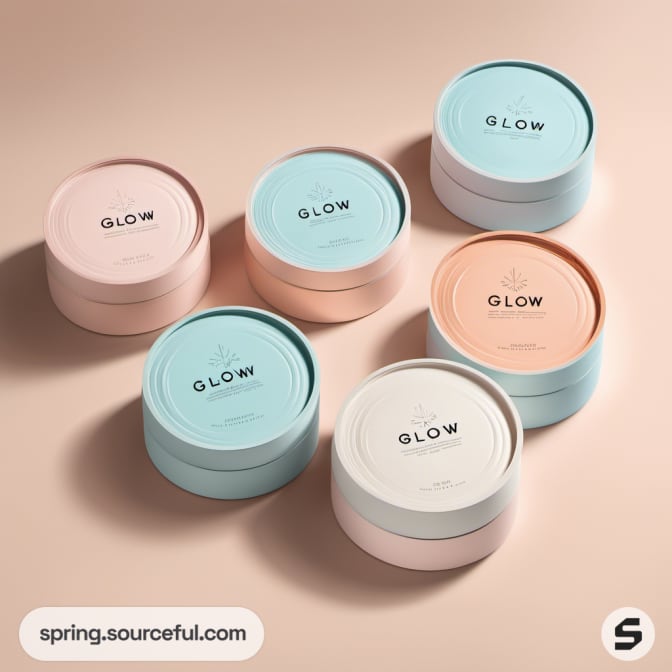 Round skincare containers in pink, blue, and white.