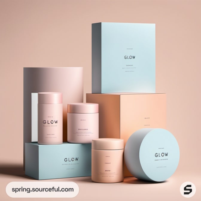 Skincare containers stacked in pastel boxes.