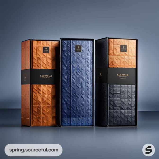 Elegant textured boxes in copper, blue, and black with a luxurious design on a gray background.