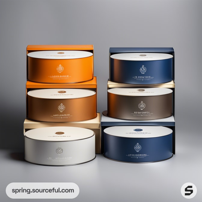 Stacked oval-shaped boxes in various colors, including orange, bronze, and navy, on a gray background.
