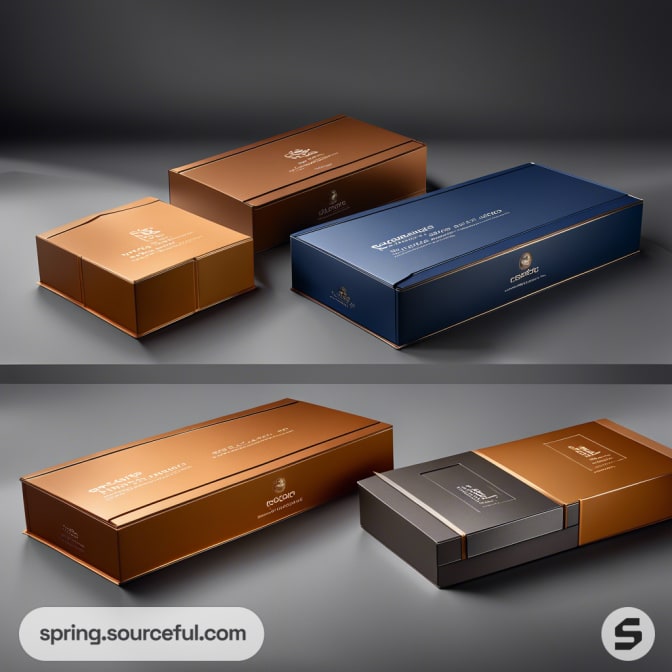 Rectangular boxes in copper and blue with minimalistic design, arranged in pairs on a dark background.