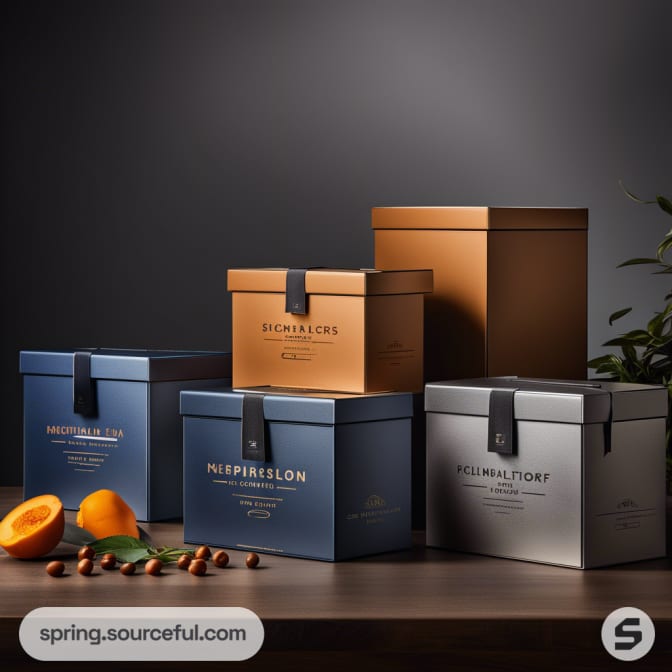 Four luxury square boxes in blue, copper, and gray, featuring a premium look with fruit accents.