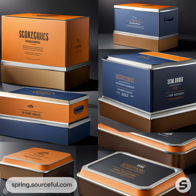 Various orange and blue boxes with metallic accents, showcasing a modern and sleek design.