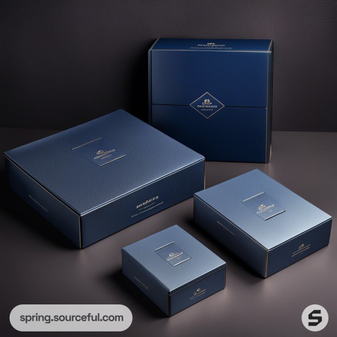 Navy blue nested boxes of different sizes with a sophisticated design on a dark background.