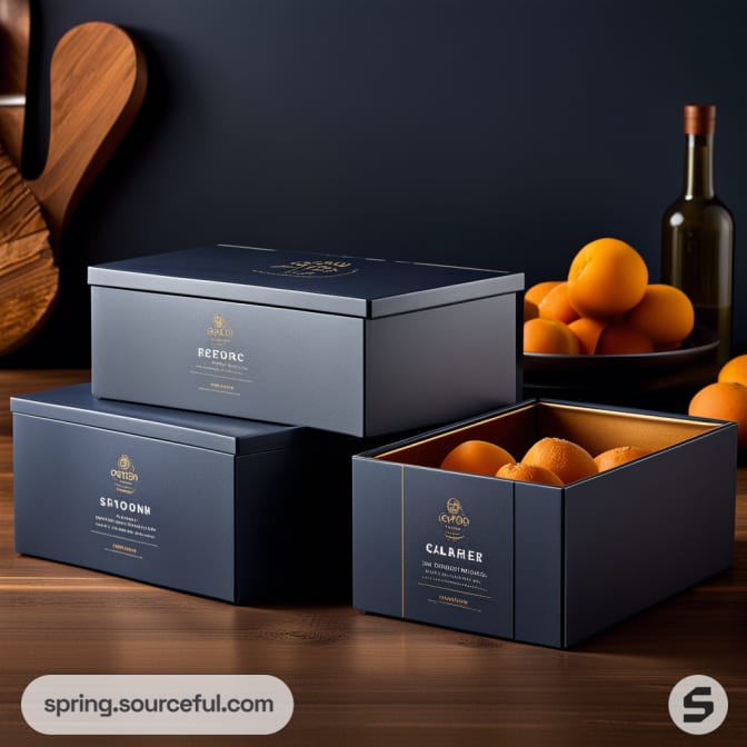 Luxury navy boxes filled with oranges, placed on a wooden surface with a warm ambiance.