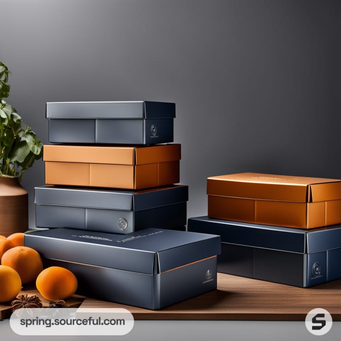 Stacked rectangular boxes in navy and orange, next to a plant and fruits on a wooden surface.