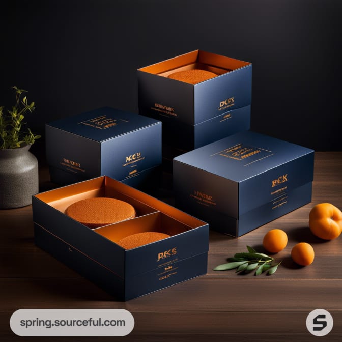 Open boxes in navy and orange, neatly arranged with fruits, creating a premium look.