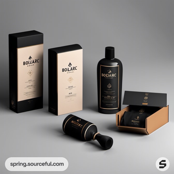 Black and beige cosmetic bottles and boxes on a gray surface.