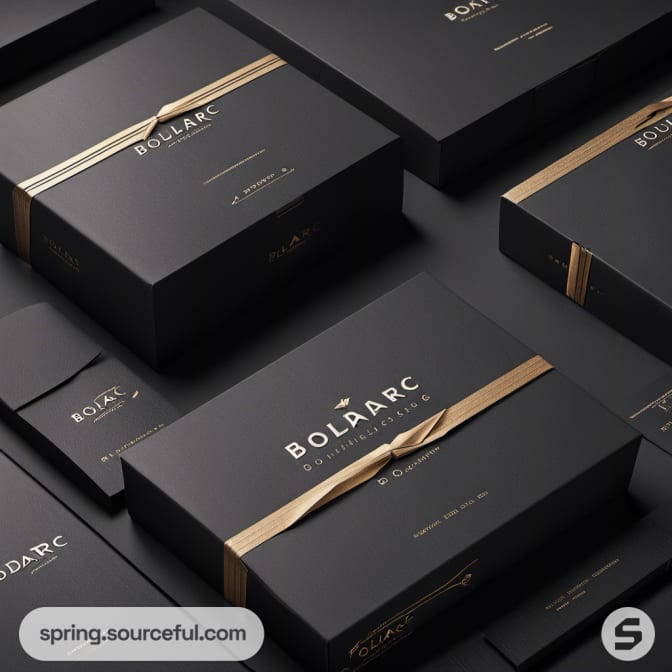 Black gift boxes with gold ribbon accents, neatly arranged.