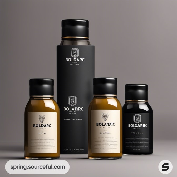 Assorted dark bottles with minimalist labels on a gray surface.