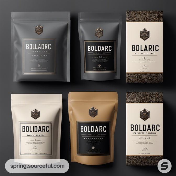 Variety of gray and tan resealable pouches with elegant labels.