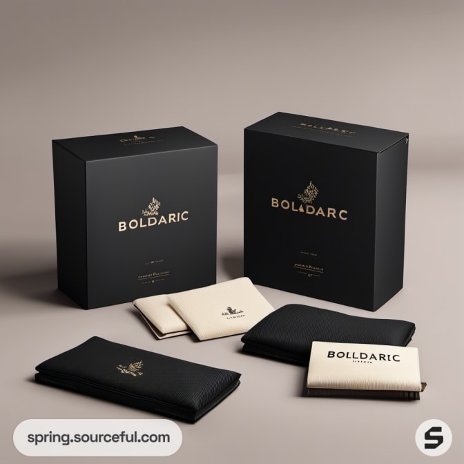 Black and beige boxes with cloth pouches on a beige background.