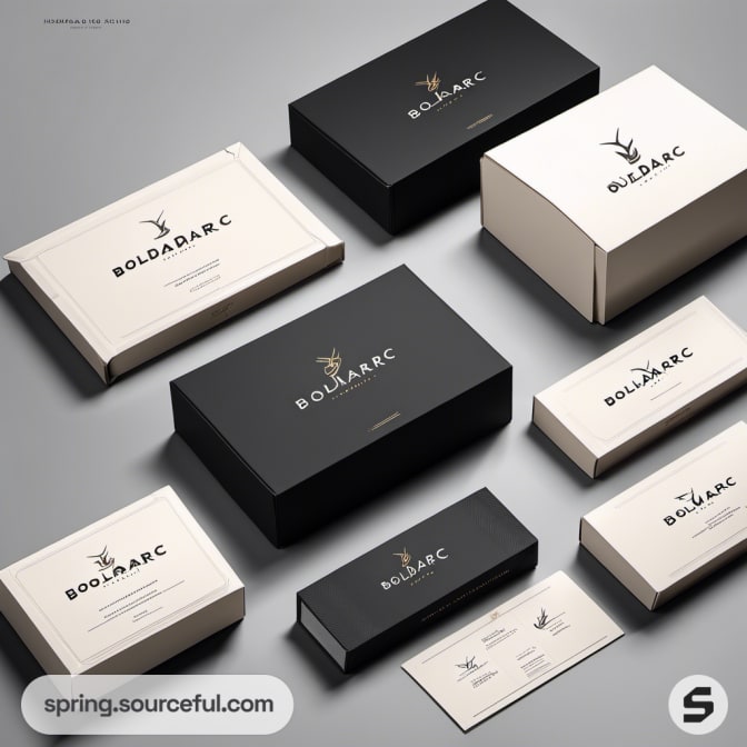 Assorted black and white boxes with minimalist design and gold accents.