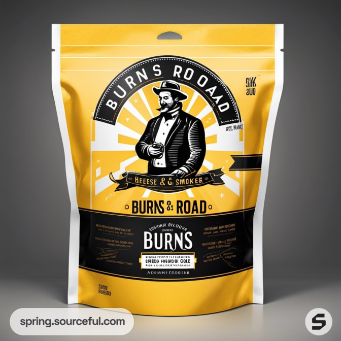 Yellow and black resealable pouch with retro design, featuring a man and sunburst graphic.