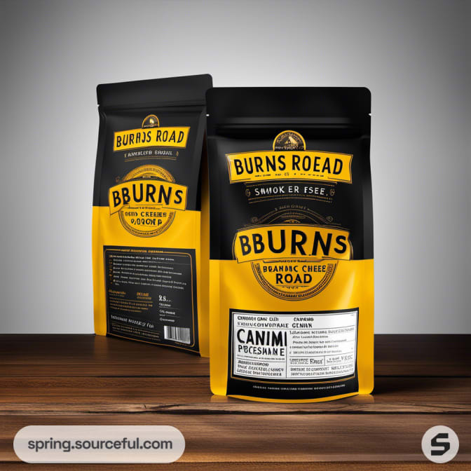 Black and yellow stand-up pouches with bold text and circular graphics on wooden surface.