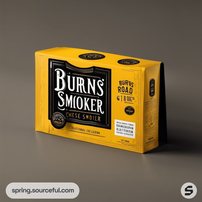 Yellow rectangular packaging with vintage graphics and bold black text.