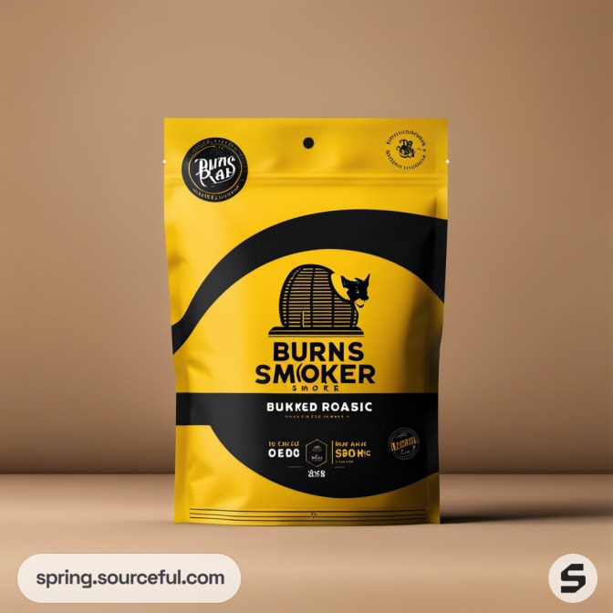 Yellow resealable pouch with black stripes and silhouette of a cheese wheel.