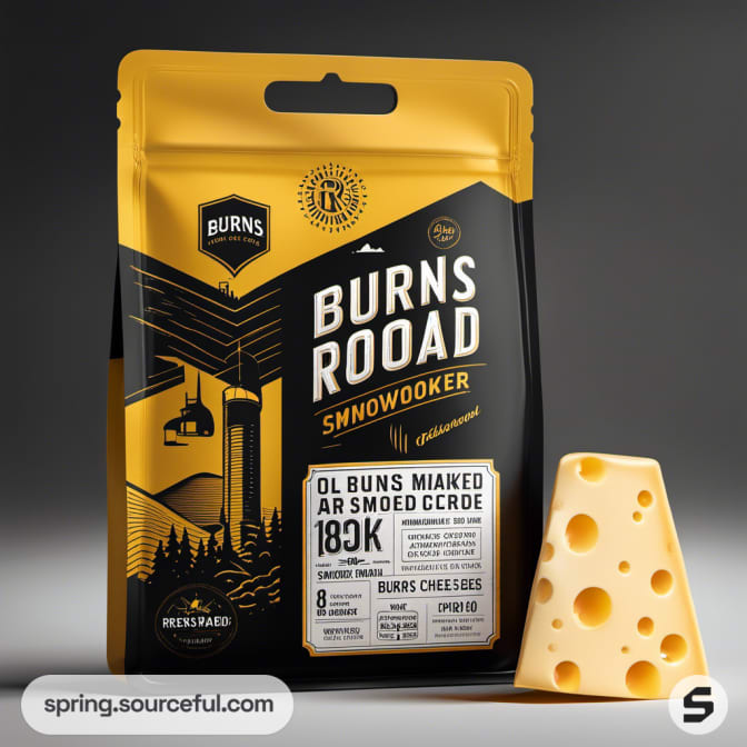 Yellow resealable pouch with vintage cityscape and cheese block inside.