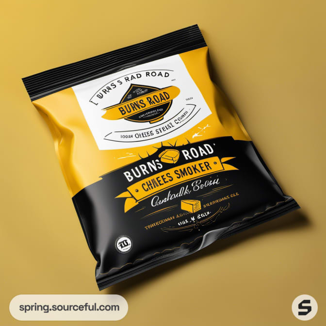 Yellow and black snack bag with bold typography and shield emblem.