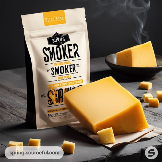 White stand-up pouch with vintage graphics next to a bowl and cheese blocks.