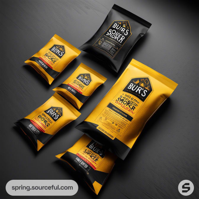 Various sizes of black and yellow snack packaging with bold design.