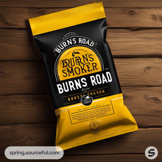 Yellow and black snack bag with bold vintage lettering on wooden background.