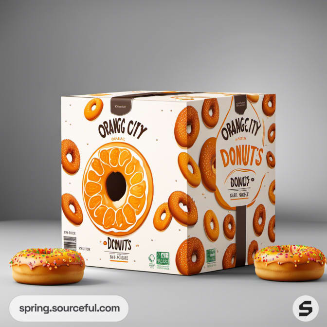 White box with orange donut designs and two donuts in front.