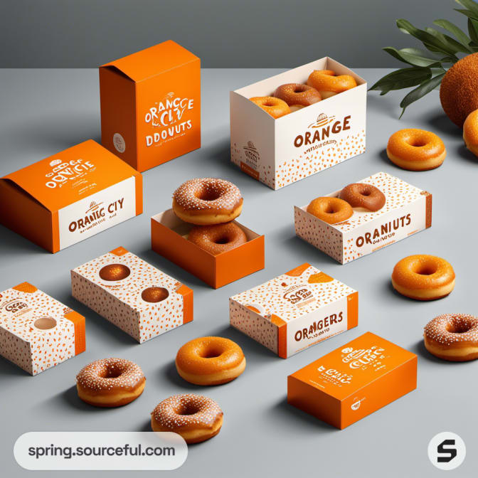 Various orange and white donut boxes with donuts displayed.