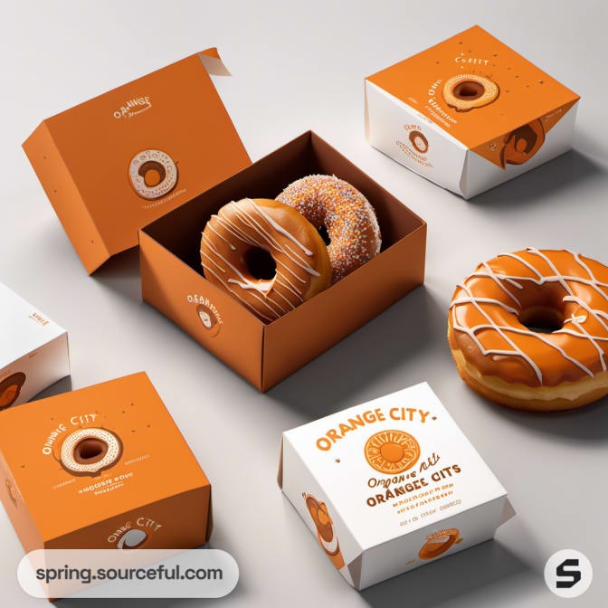 Open orange boxes with donuts and decorative patterns.