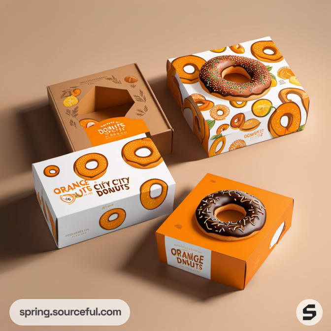 Four donut boxes with playful orange designs on a beige surface.