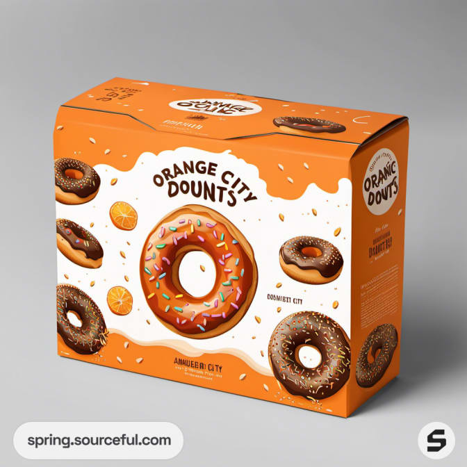 Orange box featuring assorted donut illustrations with sprinkles.