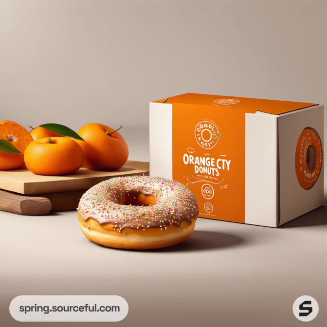 Orange box and donuts with fresh oranges on cutting board.