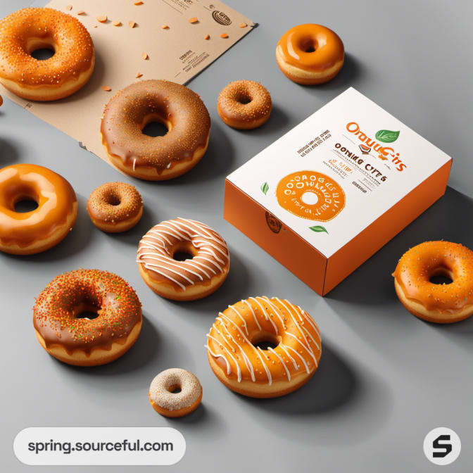 Assorted donuts with orange box featuring donut design.