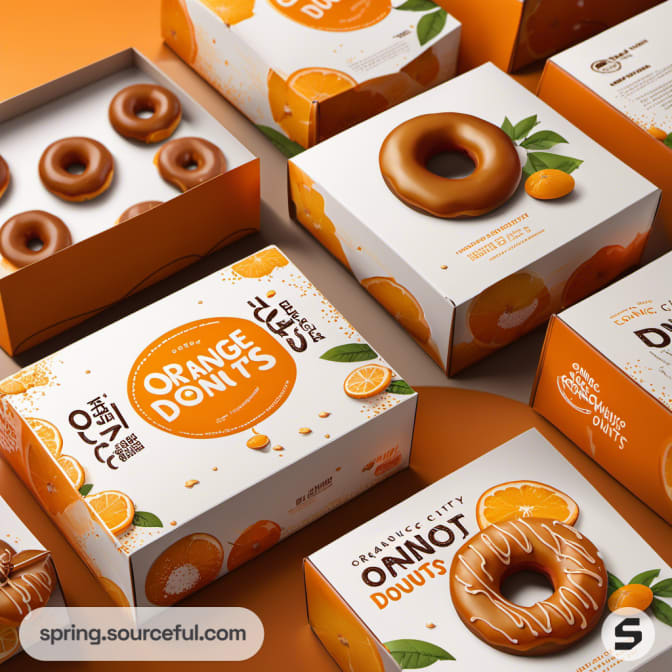 Assorted white boxes with orange donut designs and fruit accents.