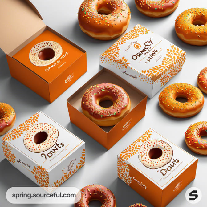 Orange and white donut boxes with sprinkled donuts on surface.