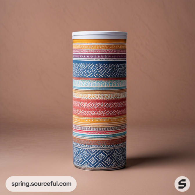Tall cylindrical can with multicolored ethnic patterns on a beige background.