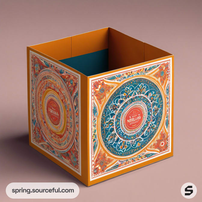 Open square box with intricate mandala design in orange, blue, and teal accents.
