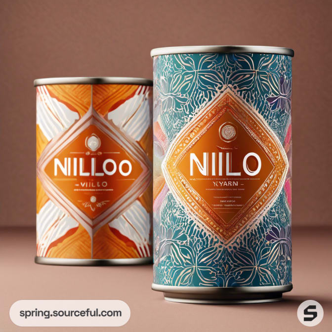 Two cylindrical metal tins with detailed orange and blue designs, labeled 'NILOO'.