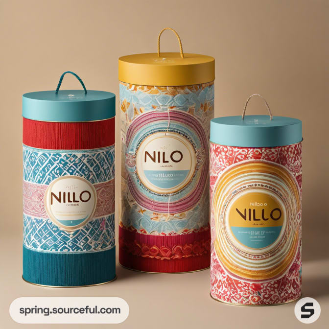 Three cylindrical gift boxes with varied colorful patterns and 'NILOO' label, each with a handle.
