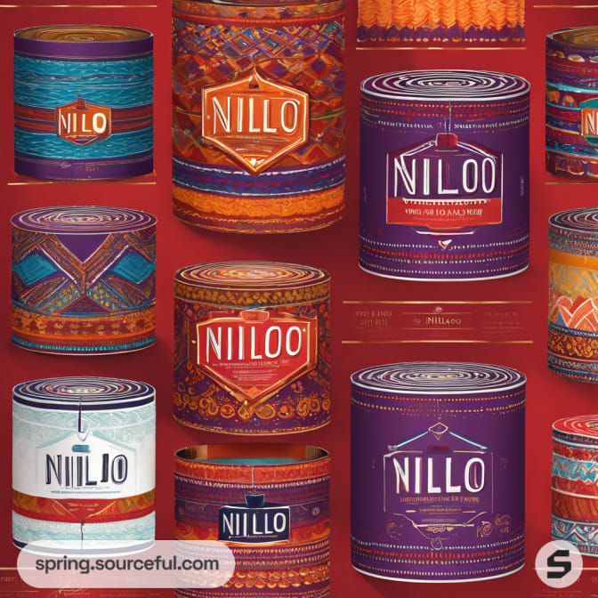Assorted round containers with vibrant ethnic patterns on a rich red background.