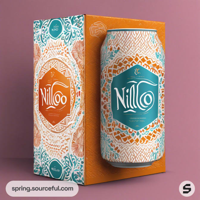 Rectangular box with intricate blue and orange patterns, featuring a can design labeled 'NilCoo'.